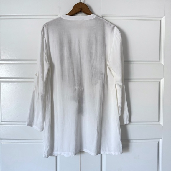 Luna Moon Floral Embroidered Tunic Top M Ivory Boho Sheer Roll Tab Sleeves Swim - Picture 8 of 11